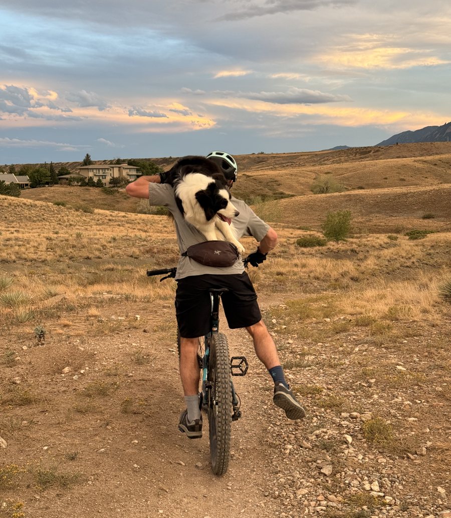A mountain biker on a Boulder trail at dusk, carrying a border collie on his shoulders.