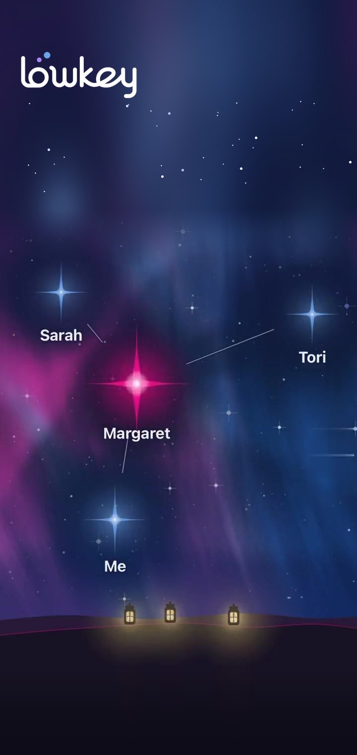 The LOWKEY app on an iPhone: the people you look out for appear as stars in a night sky, with lanterns along the bottom.