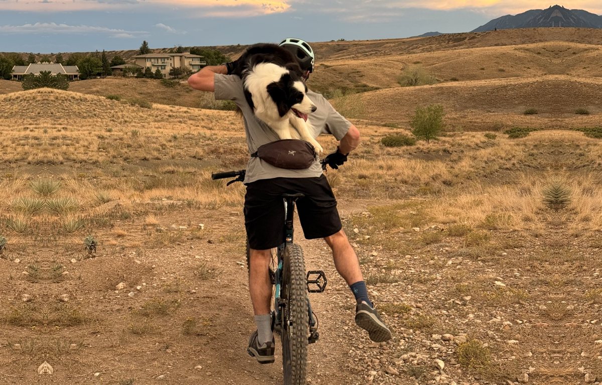 A man on a mountain bike carrying his dog in a backpack